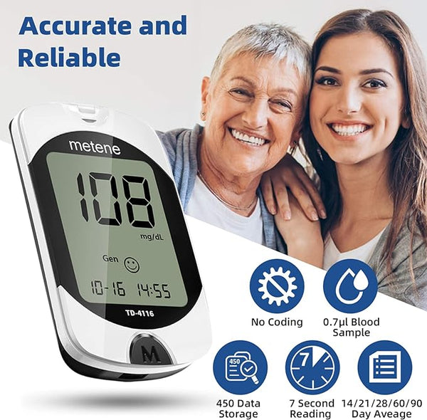 Metene TD-4116 Blood Glucose Monitor Kit, 100 Glucometer Strips, 100 Lancets, 1 Blood Sugar Monitor, Blood Sugar Test Kit with Control Solution, Lancing Device, No Coding, Large Display